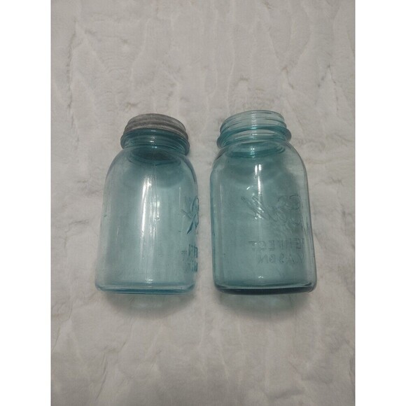 Vintage Blue Glass Ball Mason Jar Extended A Bubbles One Zinc Lid 2 Jars - Picture 4 of 13